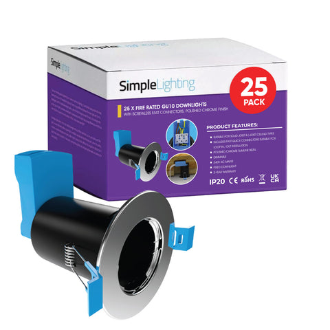 Multi Pack of 25 Fire Rated Downlights - Polished Chrome, With Quick Connectors