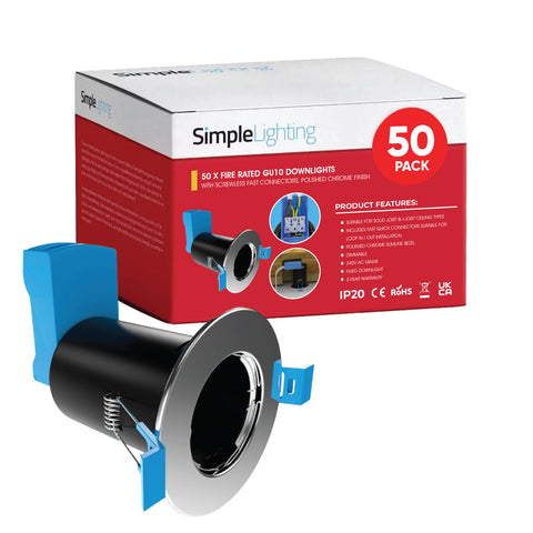 Multi Pack Of 50 Fire Rated Downlights - Polished Chrome, Includes Quick Connectors