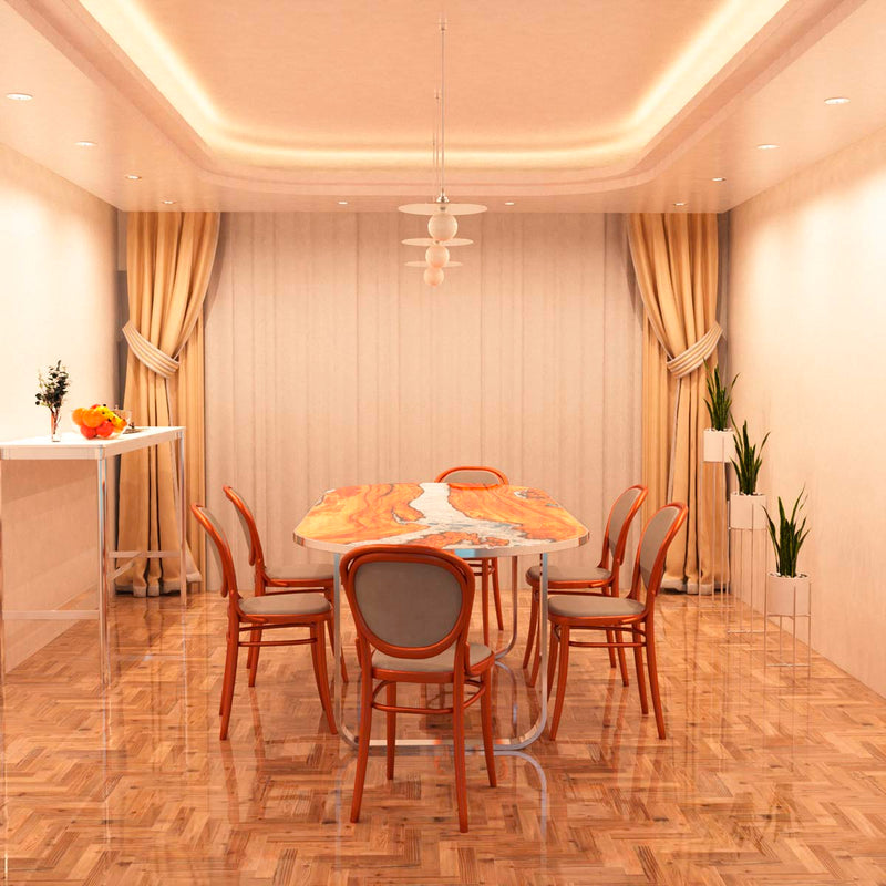 dining room with mounted polished chrome LED downlights