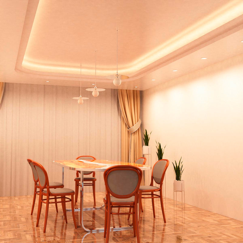 dining room with mounted polished chrome downlights