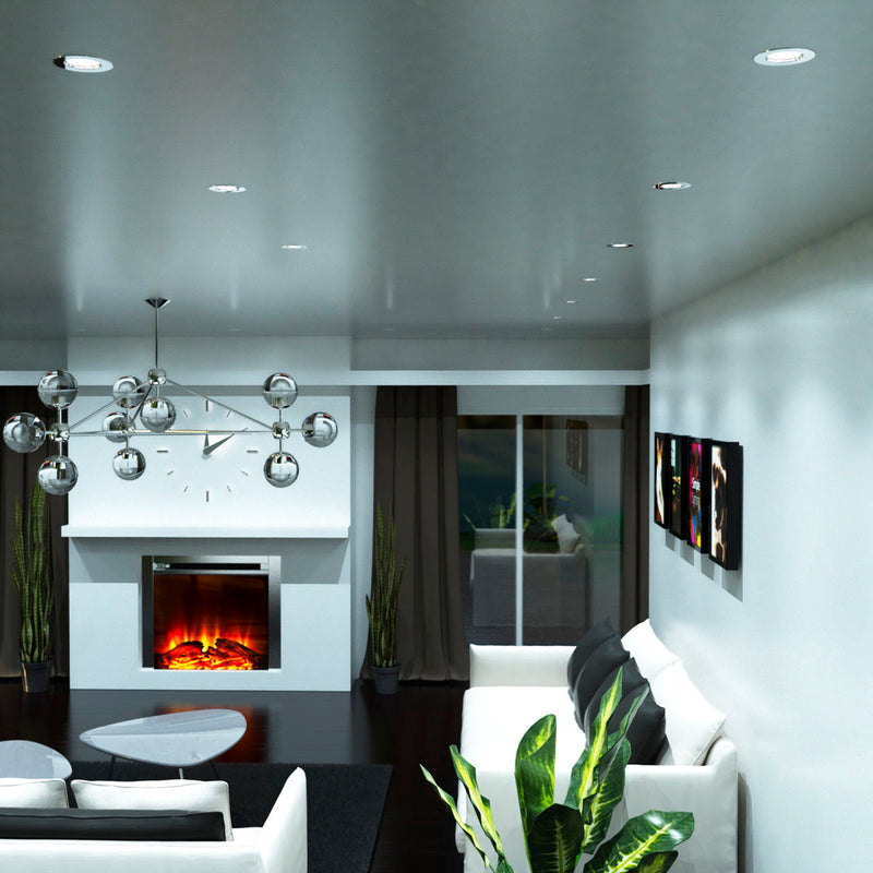 side of a living room with mounted brushed chrome downlights