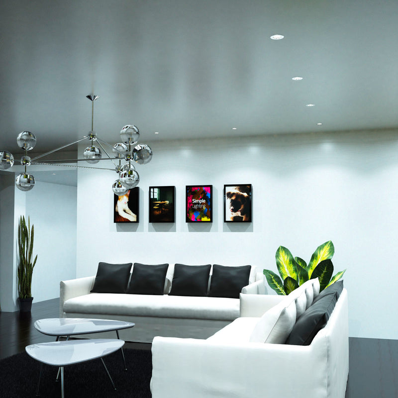 Gu10 fire rated downlight in a brushed chrome finish above sofa