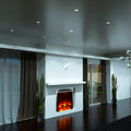 side of a living room with mounted brushed chrome downlights