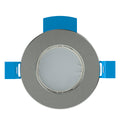 Gu10 fire rated downlight in a brushed chrome finish front view with bulb