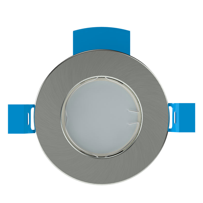 Gu10 fire rated downlight in a brushed chrome finish front view with bulb