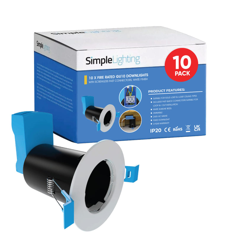 Multi Pack 10 Fire Rated Downlights - White Finish, With Quick Connectors