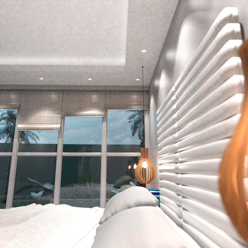 side of the bedroom with mounted white LED downlights