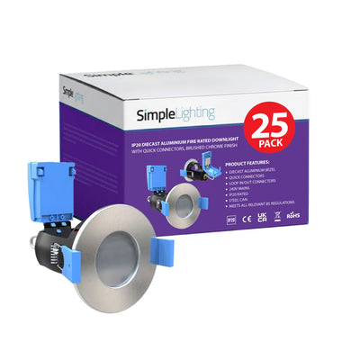 Pack of 25 Fire Rated Fixed GU10 Downlights in a Brushed Chrome Finish