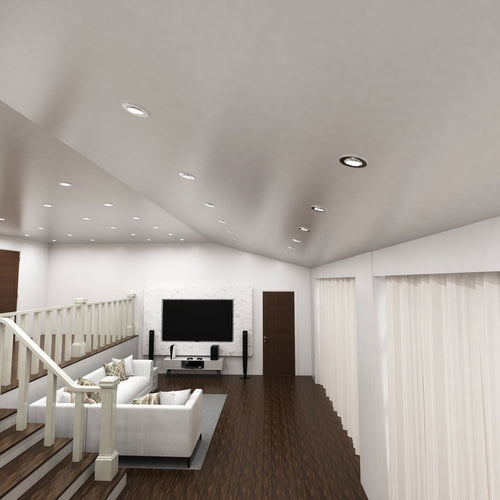 living room with mounted brushed chrome LED downlights