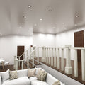 landing area with mounted brushed chrome fire-rated downlights