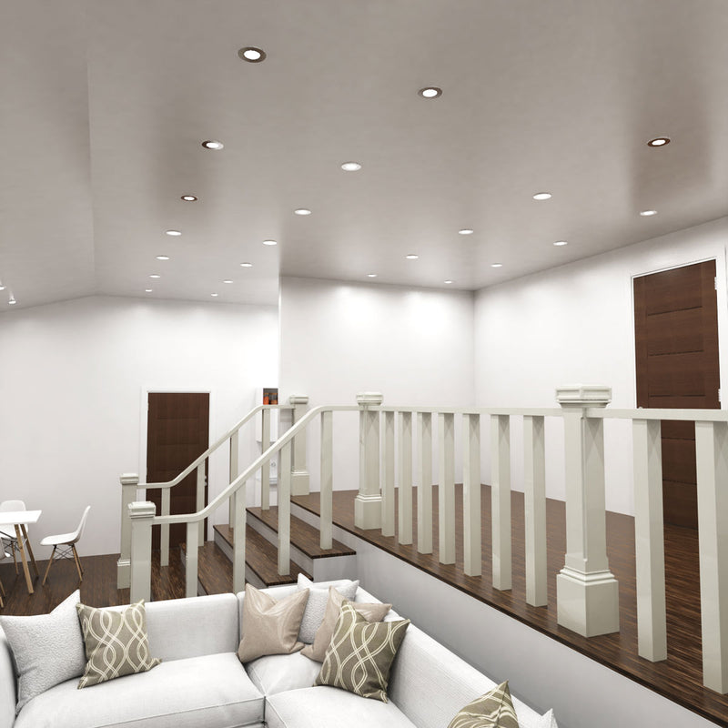 landing area with mounted brushed chrome fire-rated downlights