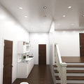 hallway with mounted chrome fire-rated downlights