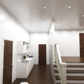 hallway with mounted white fire-rated downlights