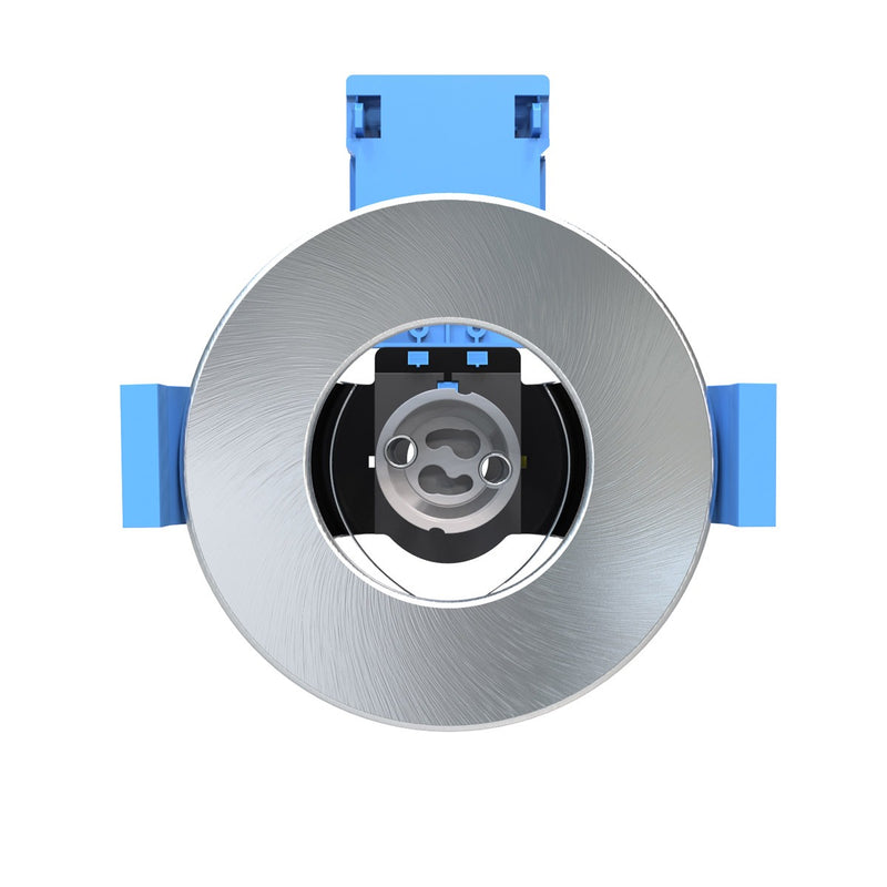 
front of a brushed chrome fire-rated downlight
