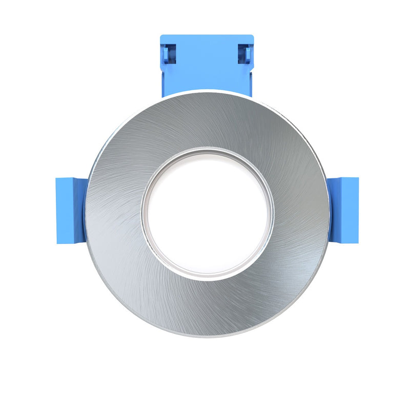front of a brushed chrome LED fire-rated downlight