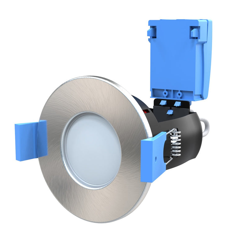 side fo a brushed chrome LED fire-rated downlight