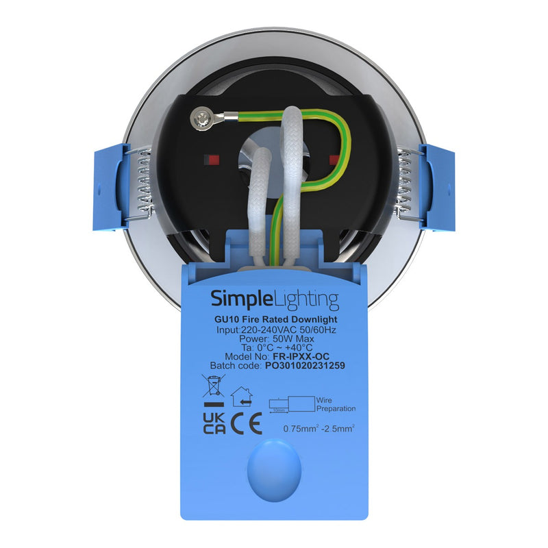 back of a chrome, fixed, fire-rated downlight