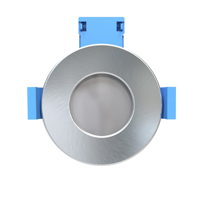 top of a brushed chrome LED fire-rated downlight