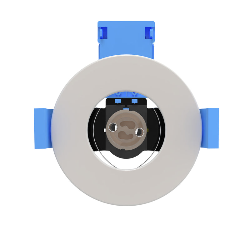 front of a white fixed fire-rated LED downlight