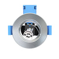 front of a brushed chrome fire-rated downlight without a cover