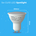 Close-up of a white GU10 LED spotlight with measurement