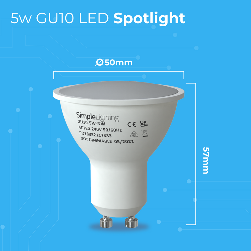 Close-up of a white GU10 LED spotlight with measurement