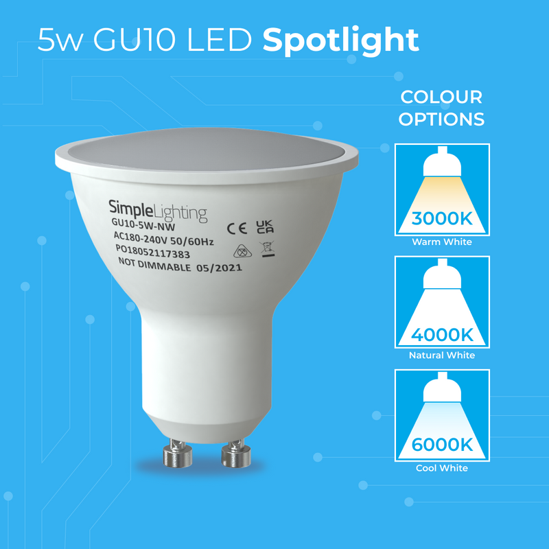 Close-up of a white GU10 LED spotlight with colour options