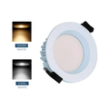 Short can LED downlight in a white finish with warm white light and cool white light