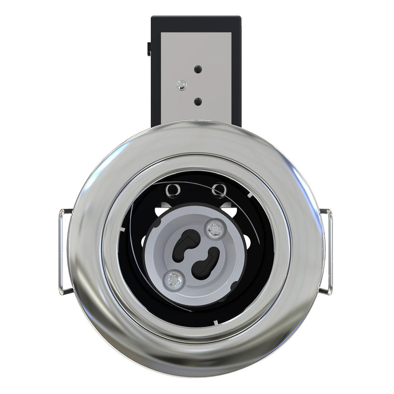 front of a chrome fixed fire-rated downlight