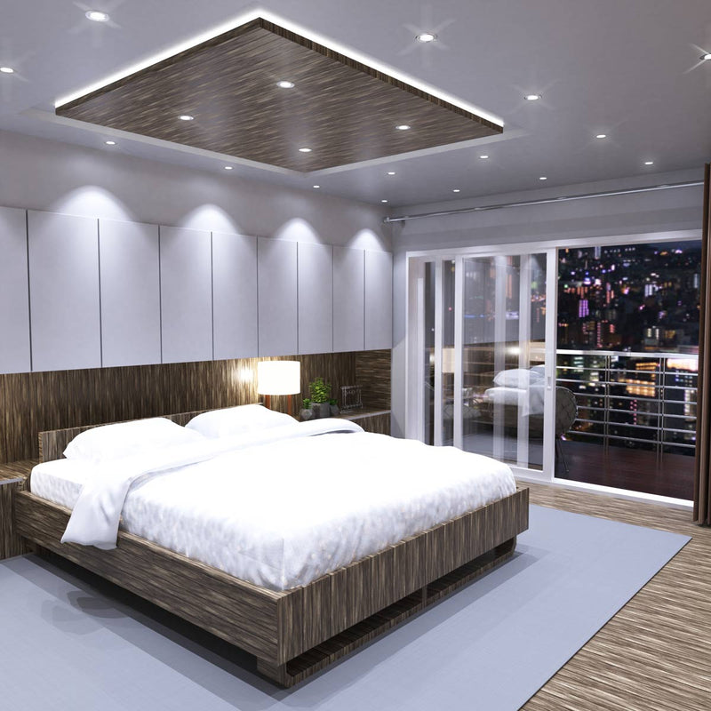 bedroom with mounted chrome fixed fire-rated downlights
