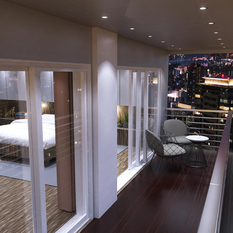 balcony with bedroom with mounted chrome fixed fire-rated downlights