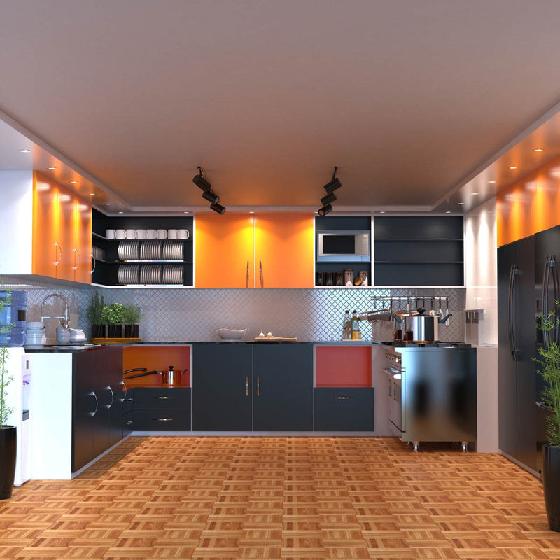 kitchen with mounted brushed chrome, fixed fire-rated downlights