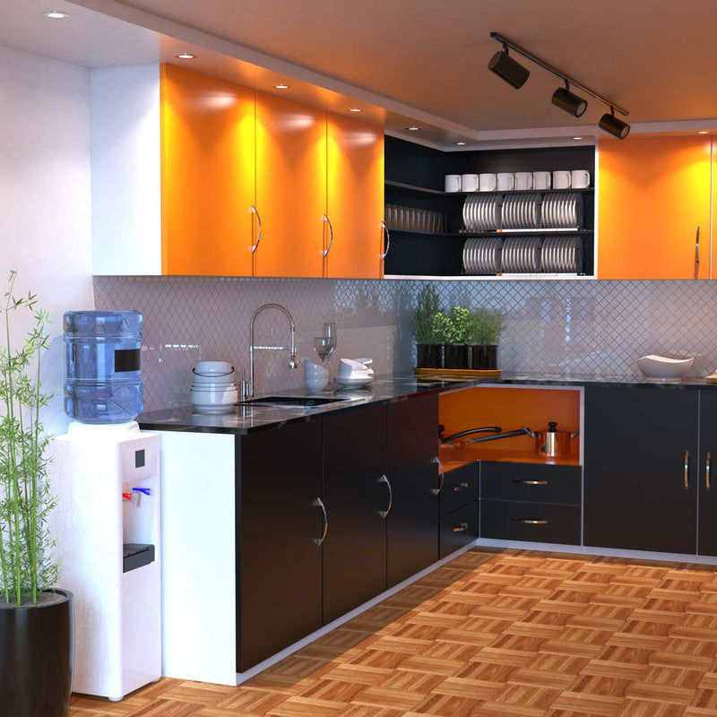 mid shot of a kitchen with mounted brushed chrome, fixed fire-rated downlights