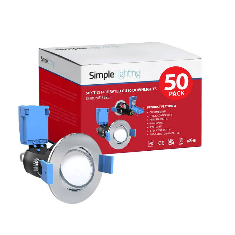 pack of 50 tilt LED downlights with a chrome bezel