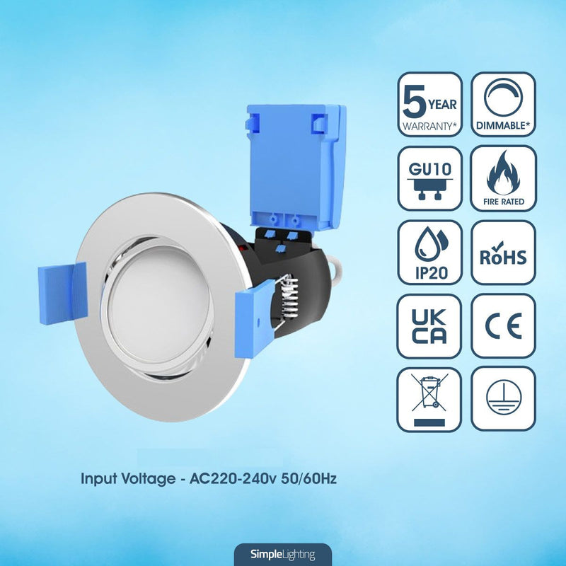 key features Polished Chrome Tilt Fire Rated Downlight 