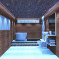 full shot of a bathroom with mounted chrome, fixed, fire-rated downlights