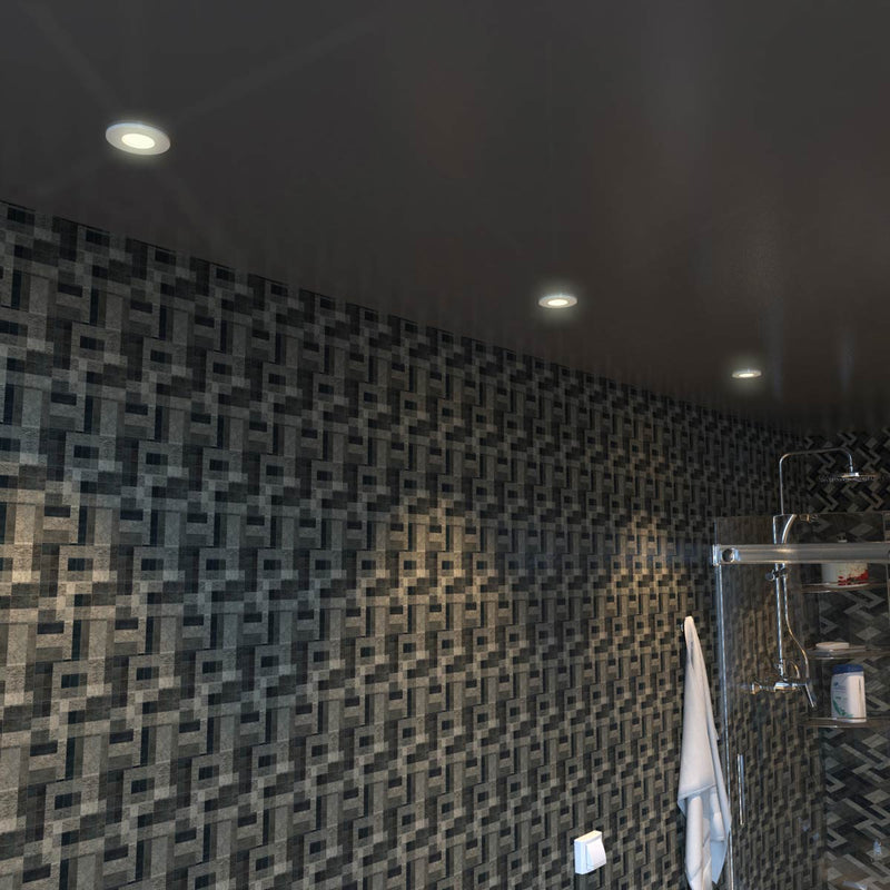 bathroom with black ceiling and pattered black walls and white LED downlights