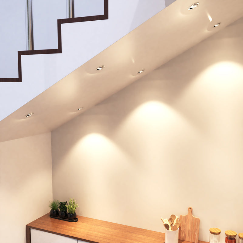 mid shot of a corner with mounted chrome fire-rated downlights