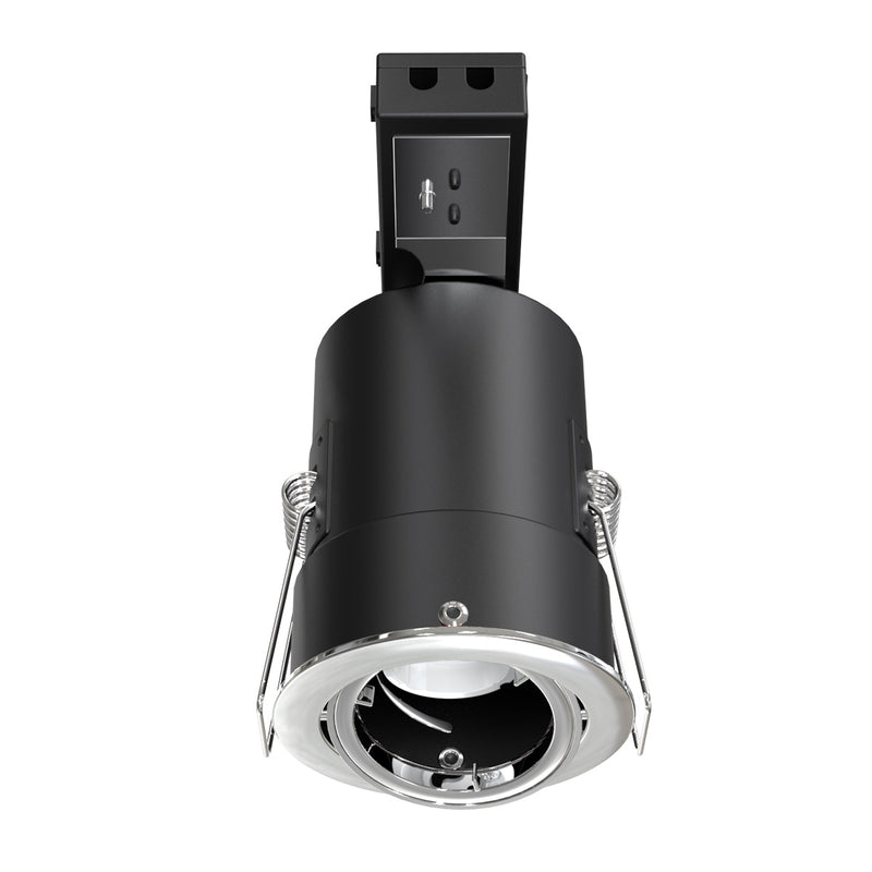 Bottom View Chrome Die-Cast, Tilt, Fire Rated Downlight.