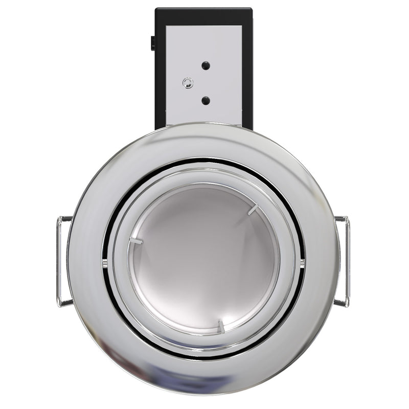 Front View Chrome, Die-Cast, Tilt, Fire Rated, LED, Dimmable Downlight
