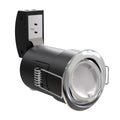 Side View Chrome Die-Cast, Tilt, Fire Rated Downlight.