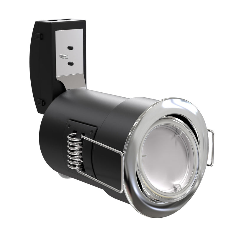 Side View Chrome Die-Cast, Tilt, Fire Rated Downlight.