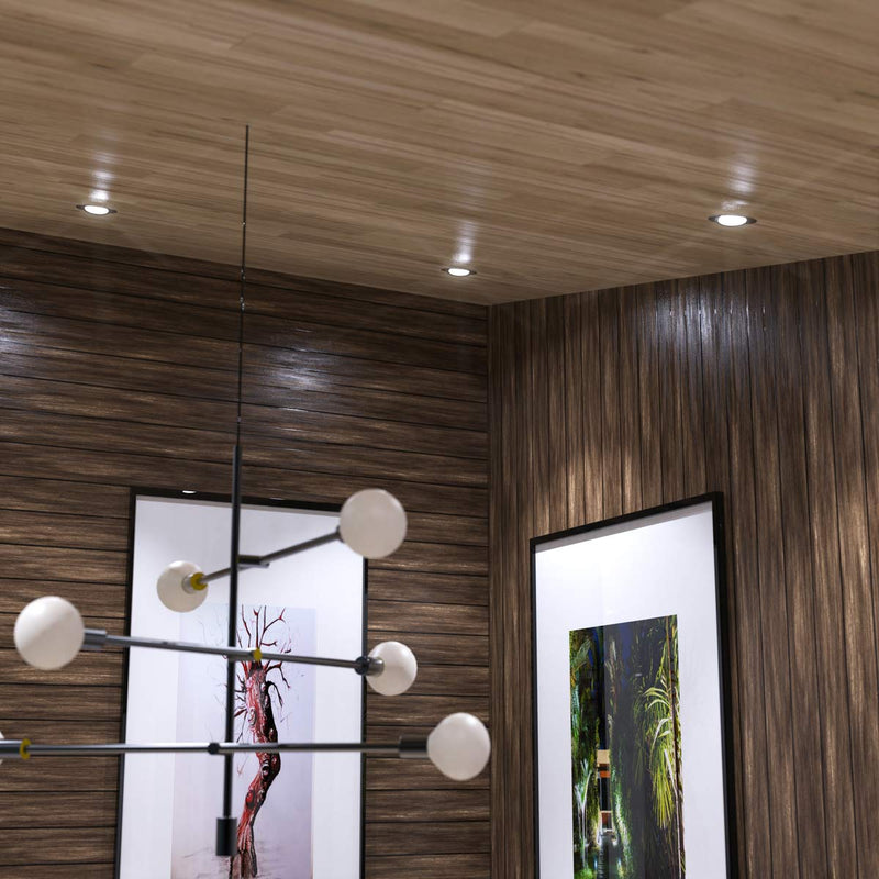 mid close up of a ceiling with mounted brushed chrome fire-rated downlights