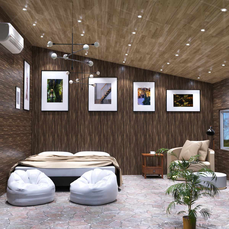 bedroom with mounted brushed chrome fire-rated downlights