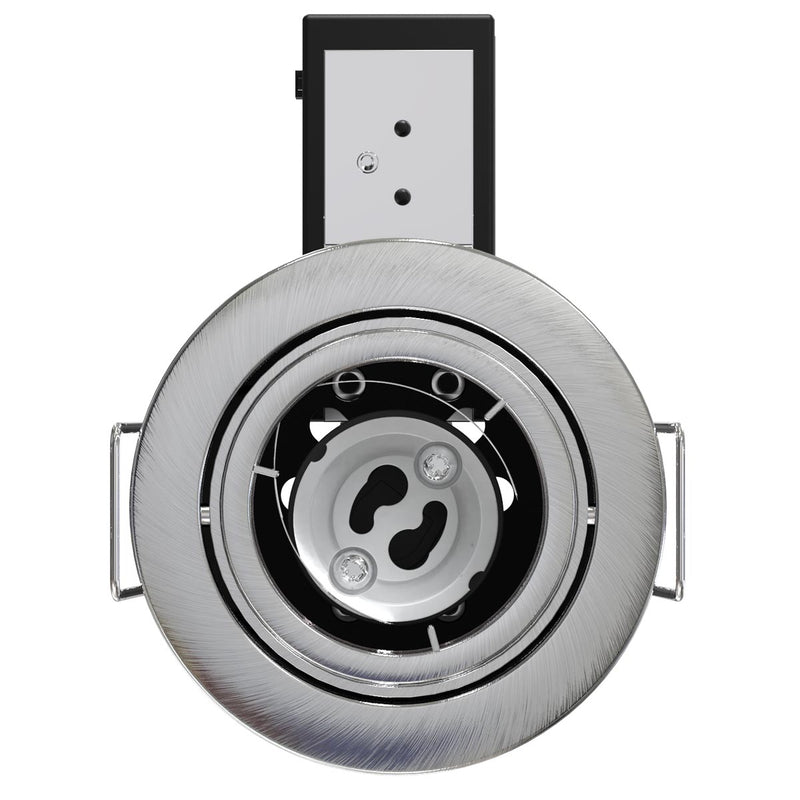Front View Brushed Chrome, Die-Cast, Tilt, Fire Rated, LED, Dimmable Downlight
