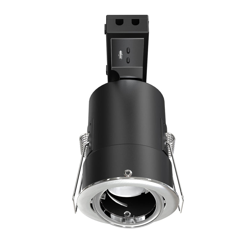 Bottom View Brushed Chrome Die-Cast, Tilt, Fire Rated Downlight.