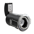 Side View Brushed Chrome Die-Cast, Tilt, Fire Rated Downlight.