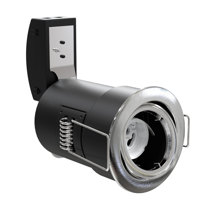 Side View Brushed Chrome Die-Cast, Tilt, Fire Rated Downlight.