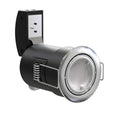 Side View Brushed Chrome Die-Cast, Tilt, Fire Rated Downlight.