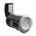 Side View Brushed Chrome Die-Cast, Tilt, Fire Rated Downlight.